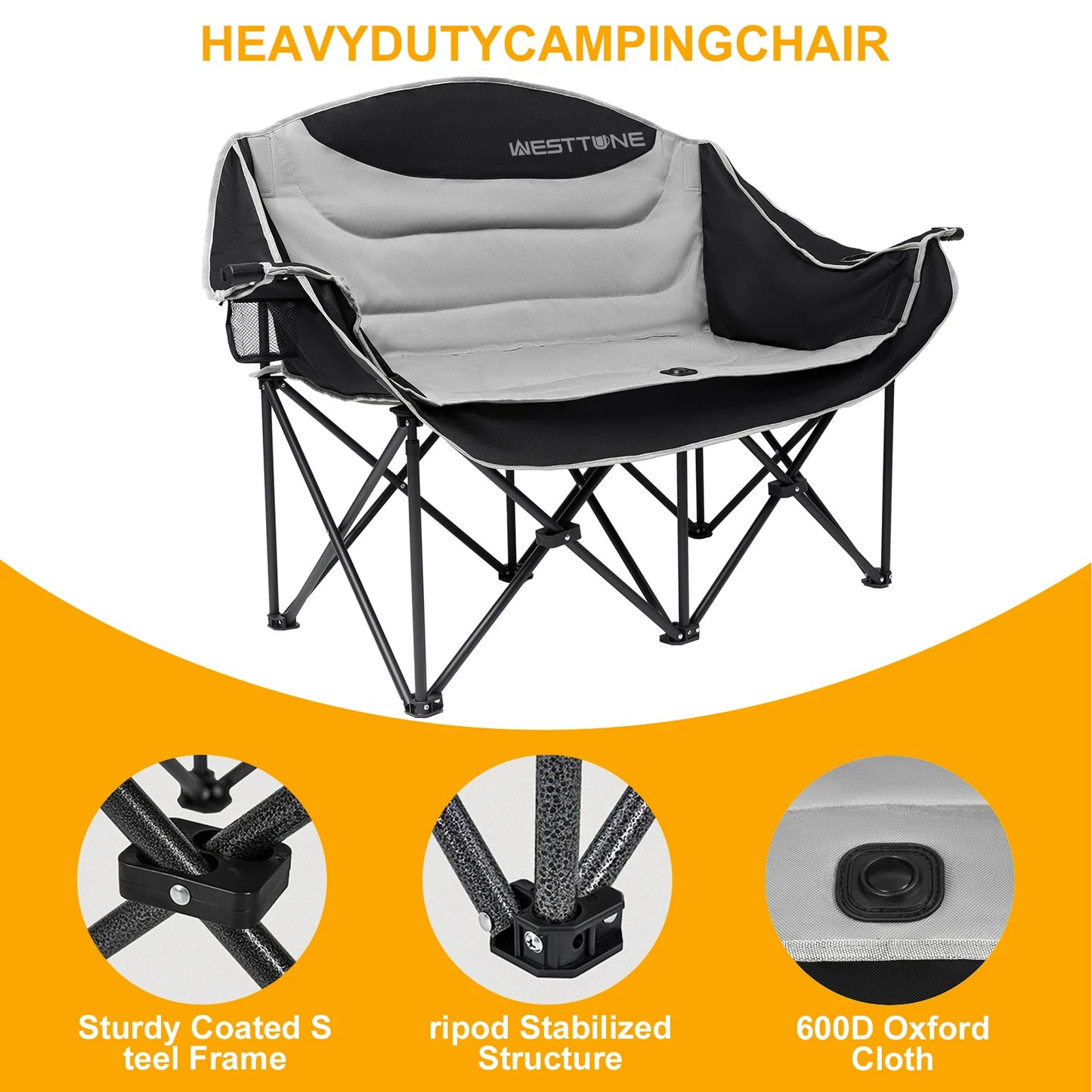 Heavy Duty Double Seat Camping Chair With Cup Holder