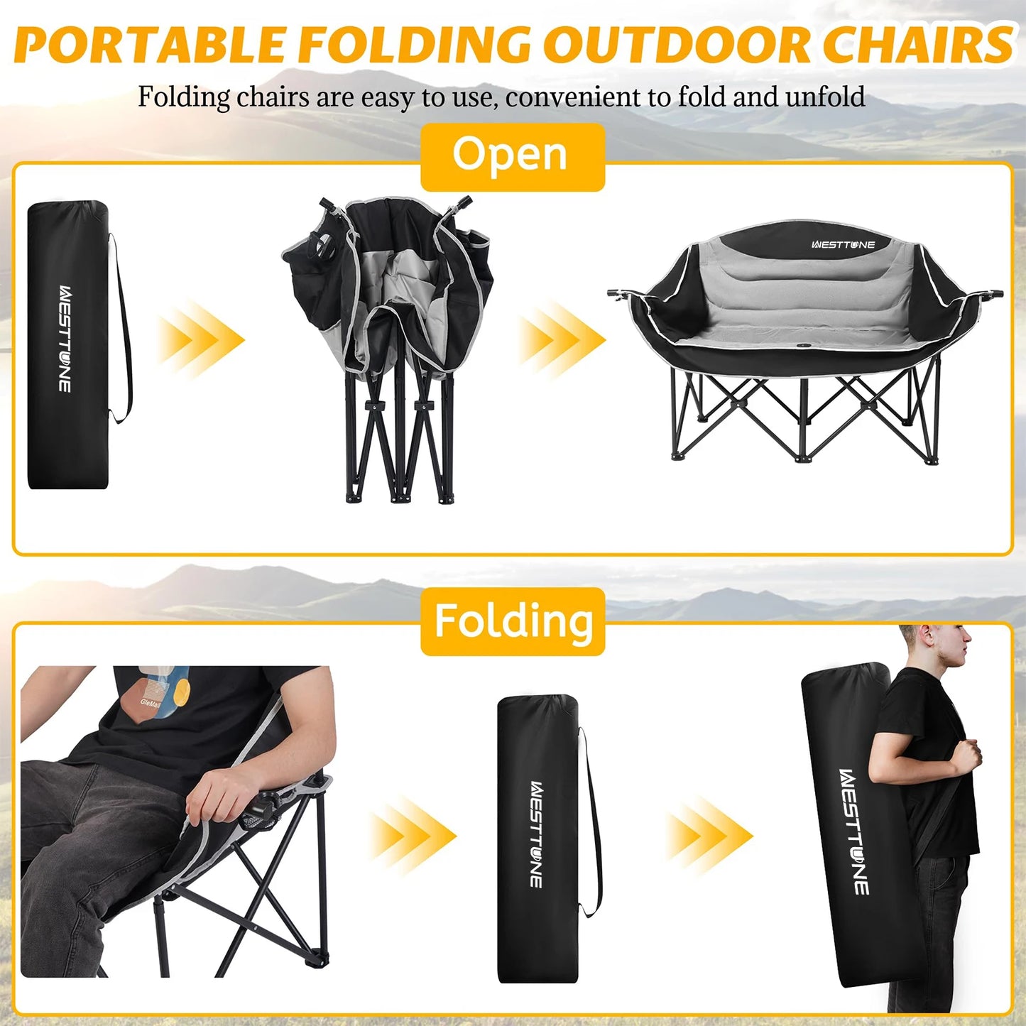 Heavy Duty Double Seat Camping Chair With Cup Holder